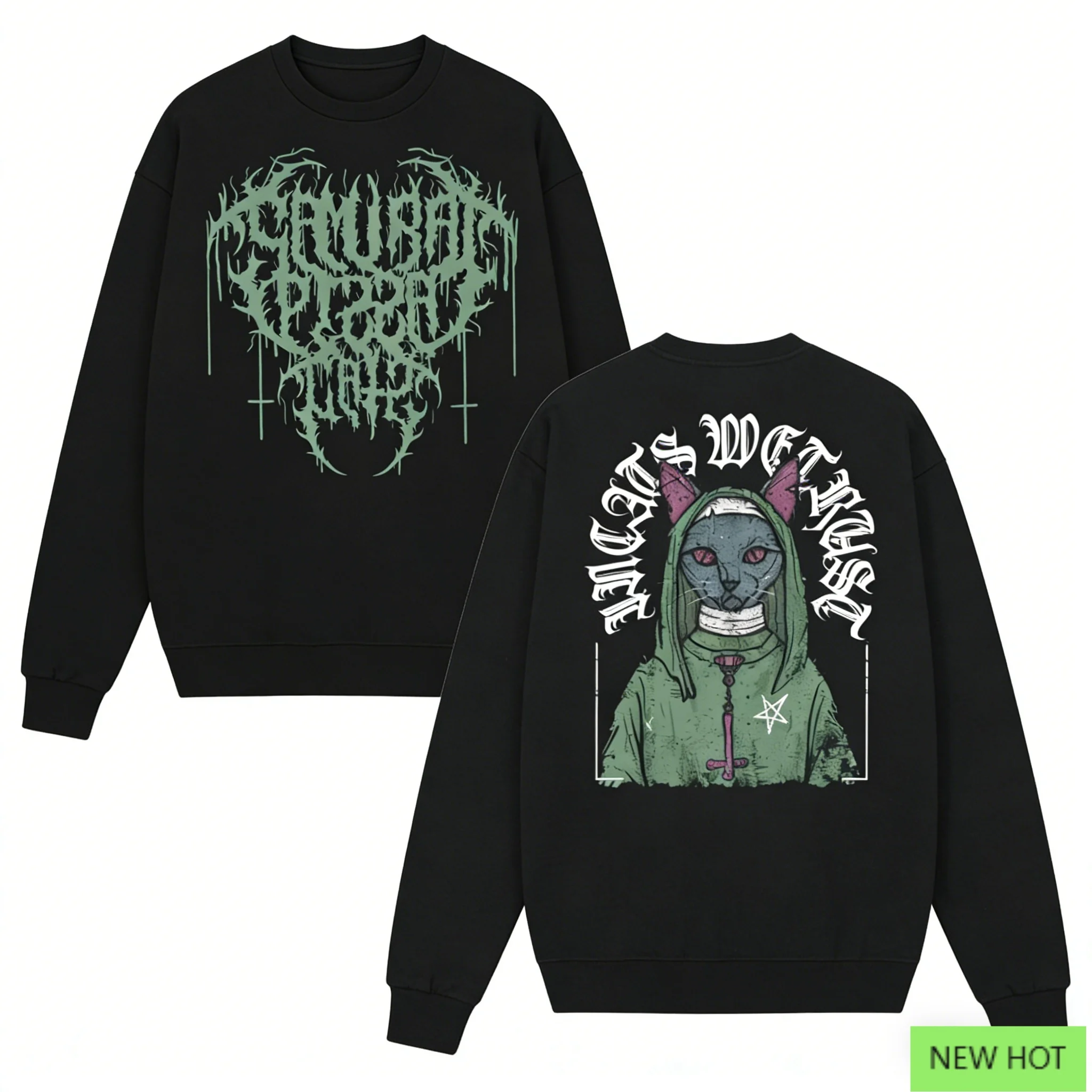 سويت شيرت Goth بقلنسوة برسومات Dark Nun Cat باللون الأسود والأخضر كاجوال للجنسين لمحبي الموضة البديلة #1