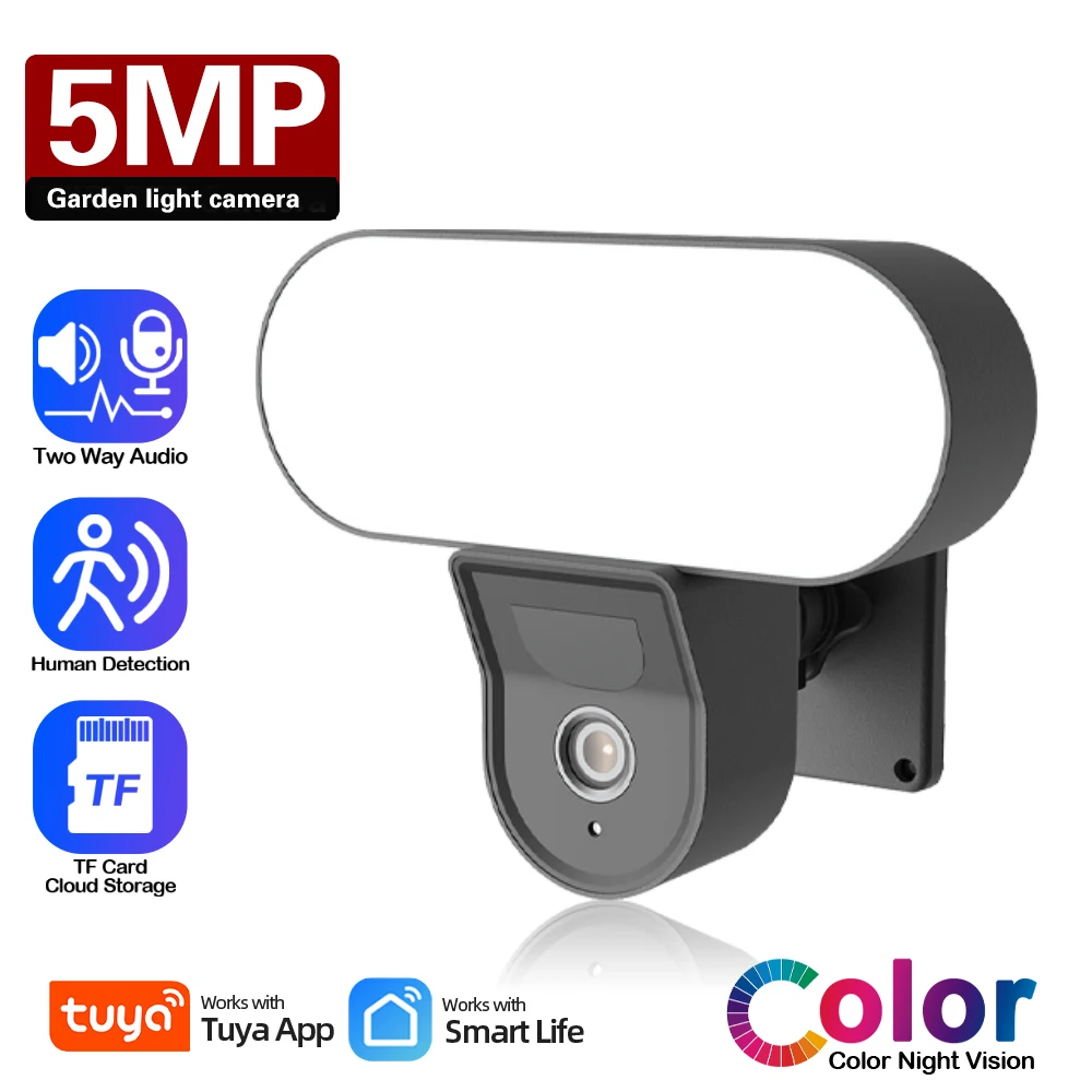 

5MP Tuya WiFi Floodlight Camera 10W Garden Wall Lamp Security Camera Outdoor PIR Detection Smart Sensor Audio Light Alarm IP Cam