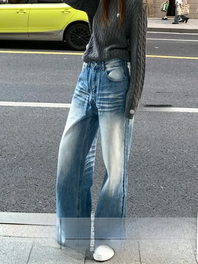 

Korean Sle Faded Wide Leg Denim Jeans Women's Loose Floor-Length Pants Spring New Arrival Low Waist Straight Tube Trousers