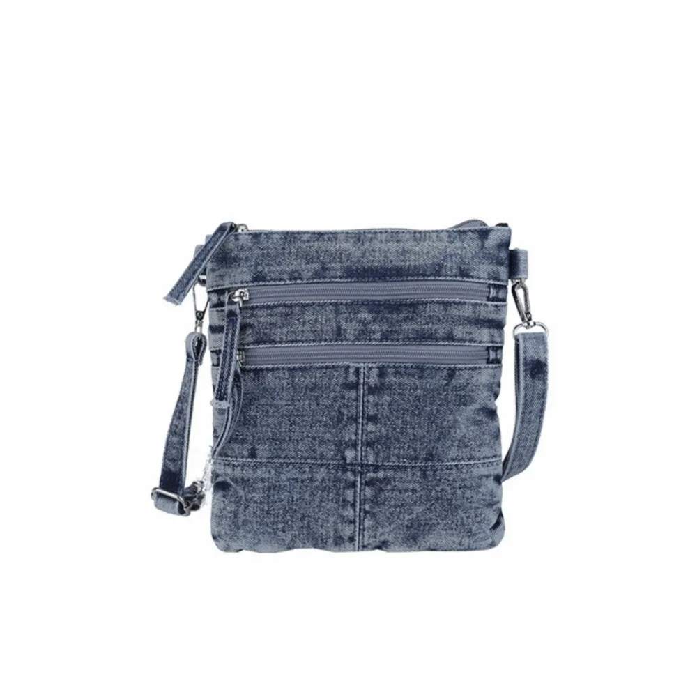 Multi-Pocket Denim Shoulder Bag 3 Layers Large Capacity Canvas Crossbody Bag Adjustable Strap Zipper Closure Messenger Bag