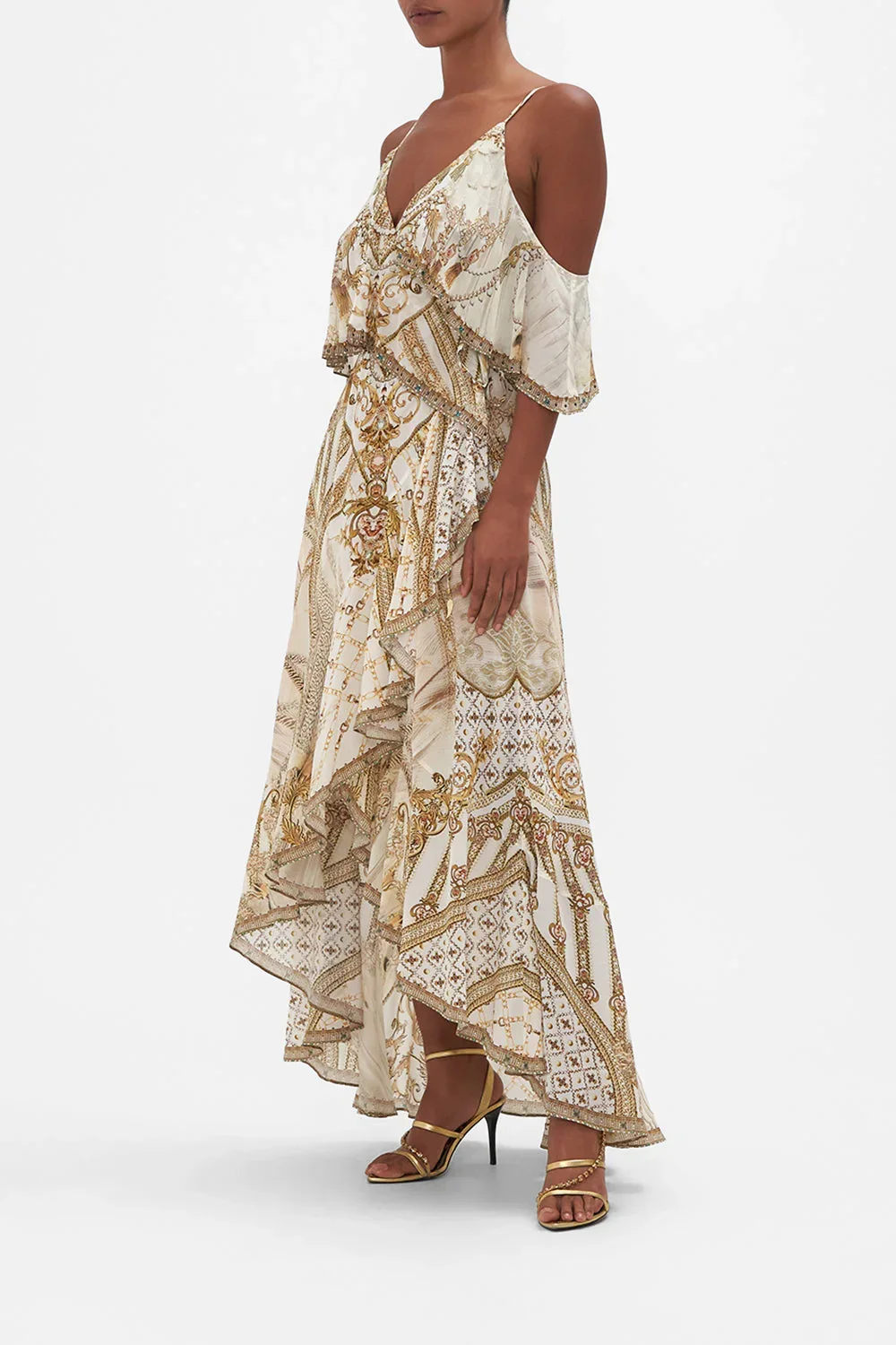 

Women Retro Print Sling Robe Crystal Beaded V-Neck Short Sleeve High Waist Elegant 100% Silk Maxi Dress