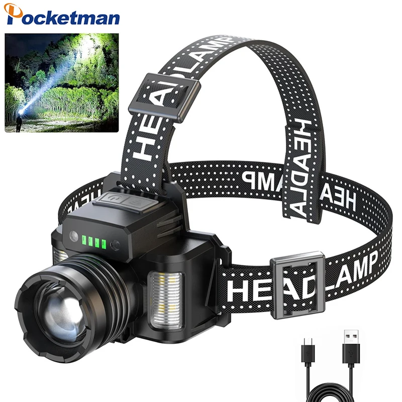 

30W LED+16LED High Power Headlamp Type-C USB Rechargeable Headlight Induction Head Lamp Telescopic Zoom Head Flashlight