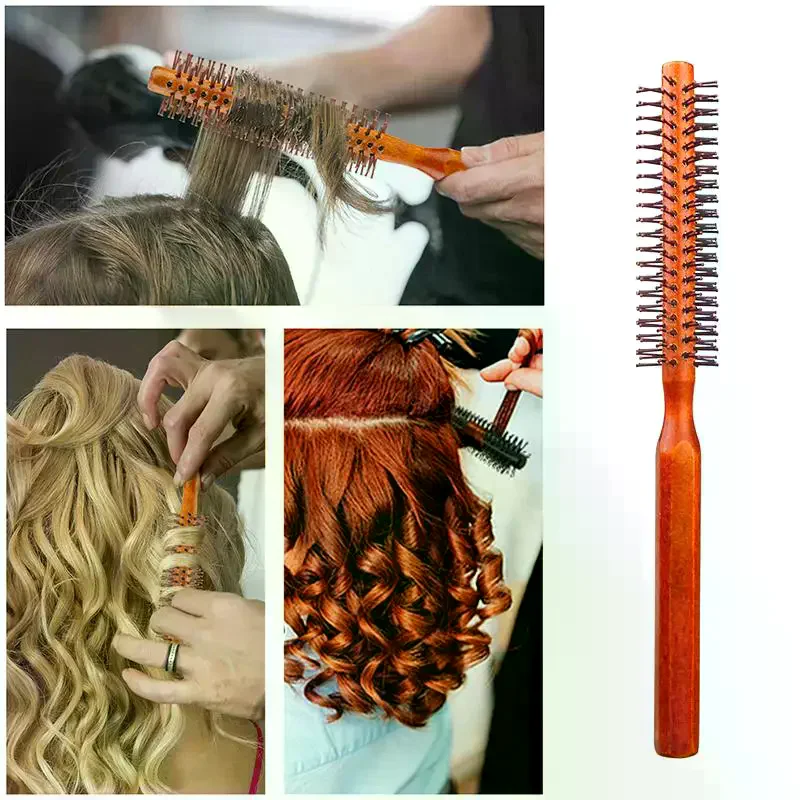 Bristle Wooden Curly Hair Comb Natural Boar Bristle Rolling Brush Round Barrel Hair Styling Tool