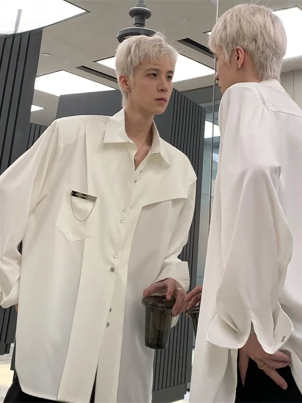 

Мужская белая рубашка Cleanfit с деконструированными металлическими пуговицами, в американском ретро-стиле, премиум-класса, свободного кроя, с длинным рукавом, из полиэстера