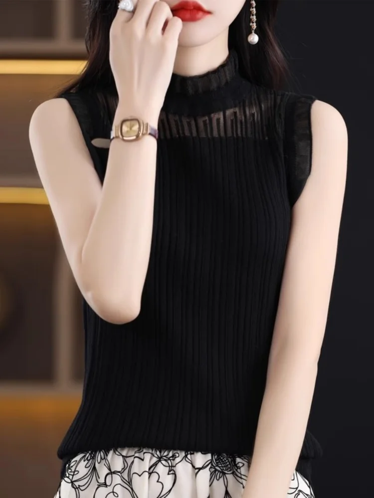 Spring 2025 Women's Woolen Lace Sleeveless Vest Hollow out Knitted Top Wooden  Design Base Shirt Commute Style Regular Fit