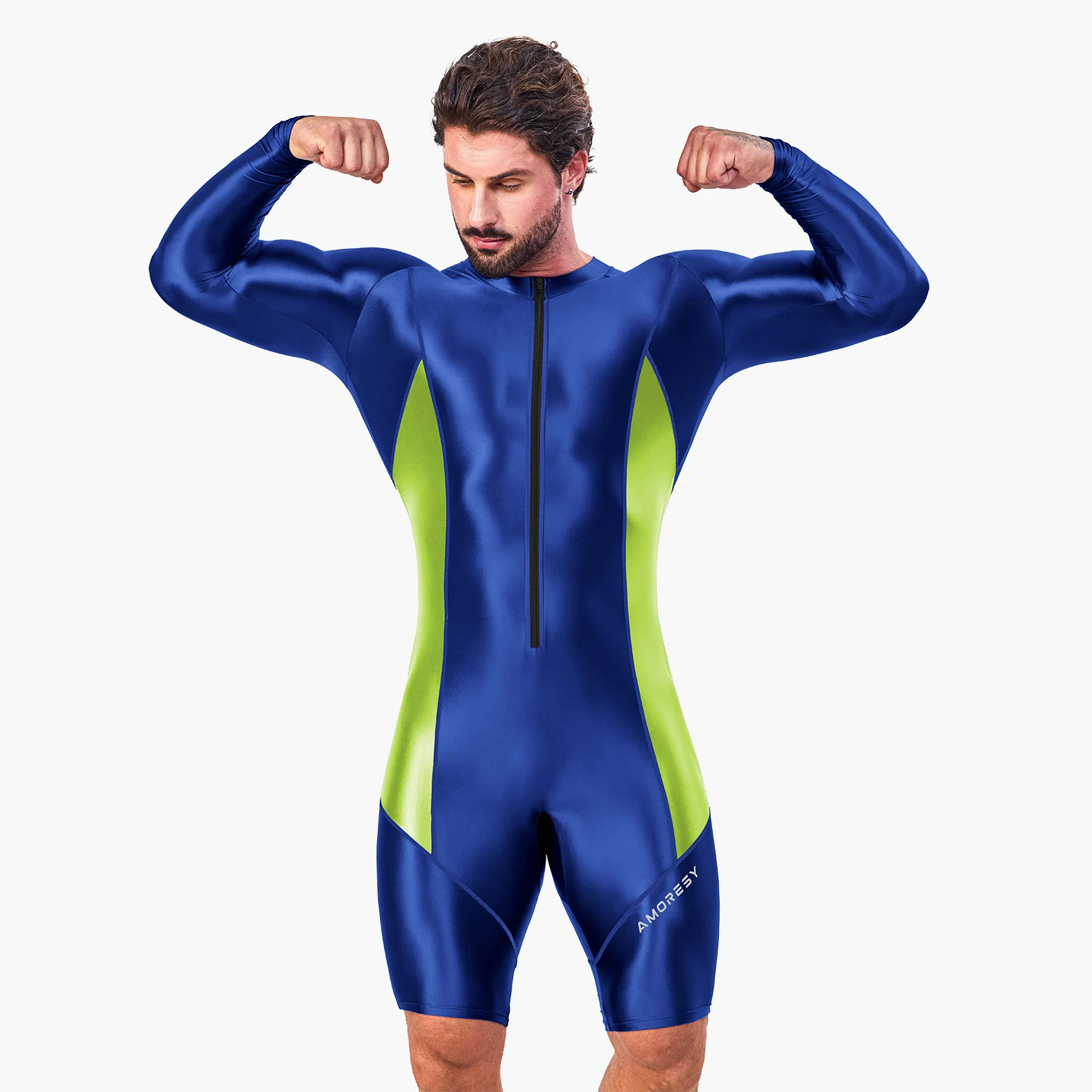 Men Atticus Series Front Zipper Long Sleeve Jumpsuit Color Block Spandex Tight Capri Fitness Swimwear