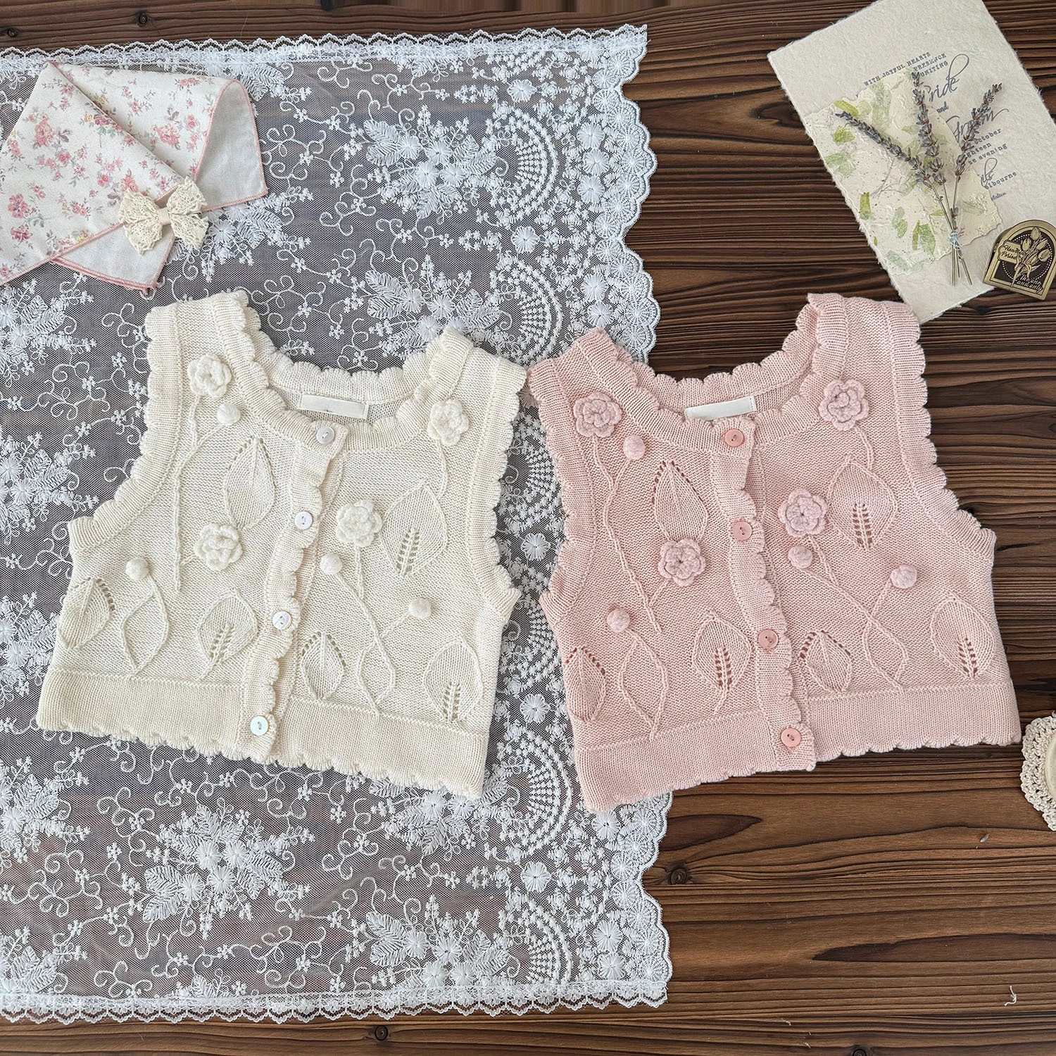 Girls Jacquard Flower Vest Toddler Crochet Cable Knit Retro Style Baby Clothes Cotton Sleeveless Sweater Top