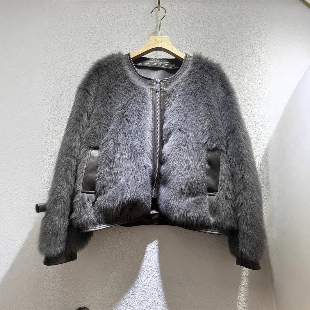 Faionable Pelz Patchwork Abnehmen Trendy Damen Jaet Motorrad Sle ort Leder Pelz Simulation Frühling 2025,