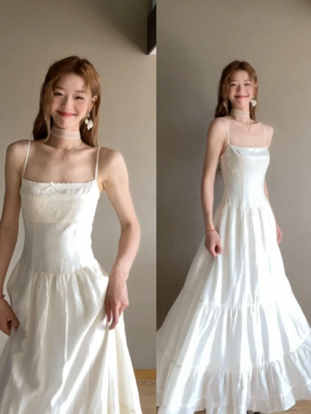 

Summer Beach Vacation Style Gentle Wind Slimming Strap Fairy Long Dress French Style off Shoulder Waist Cinched Cotton Dress