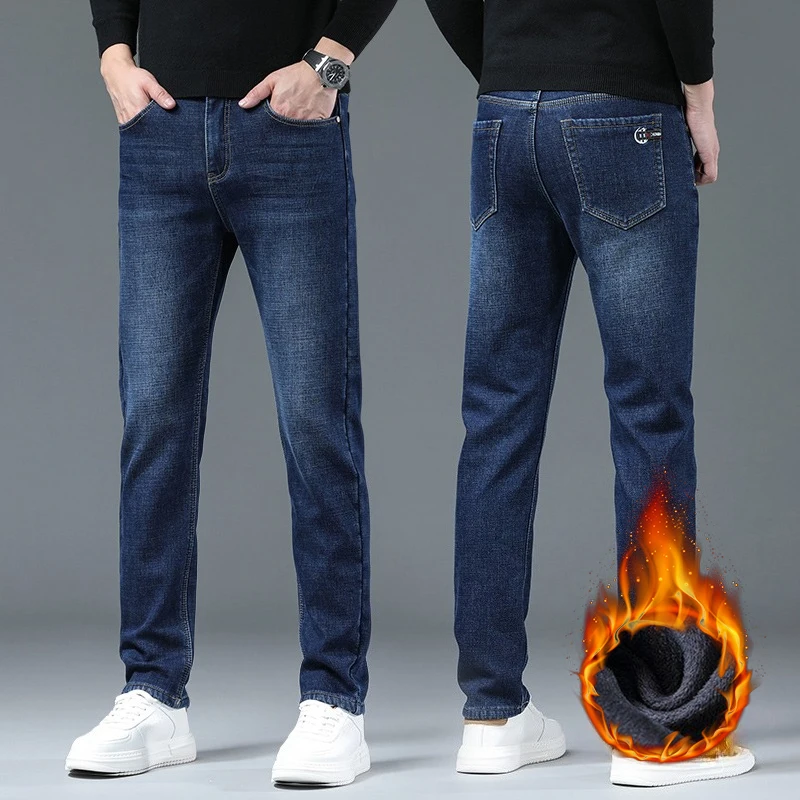 Pantalones vaqueros rectos de lana para hombre, pantalón informal, cómodo, grueso, cálido, a la moda, de terciopelo, para invierno