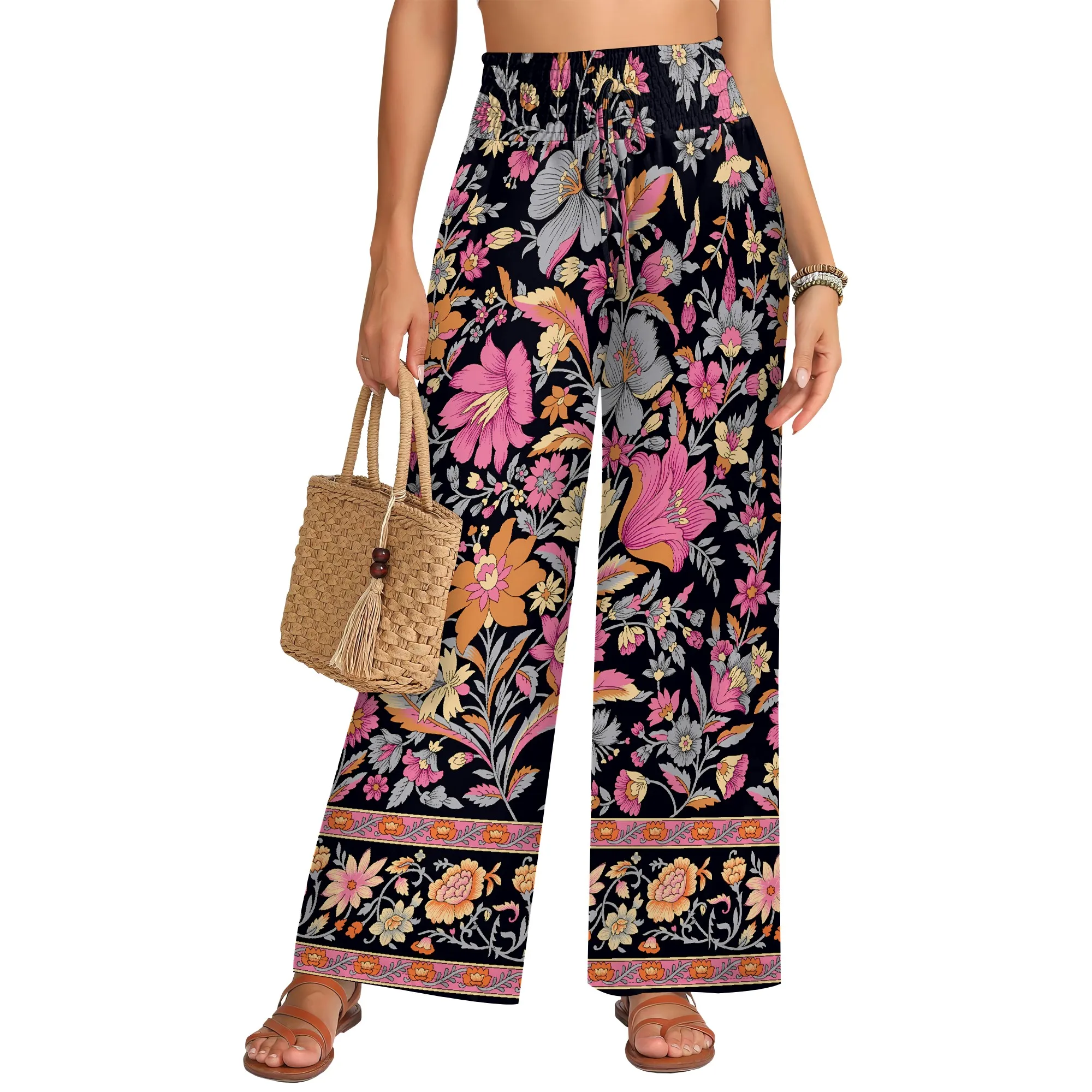 Nupusa Floral Print Pants for Women Standard Size Summer Casual High - Waist Wide Leg Pants