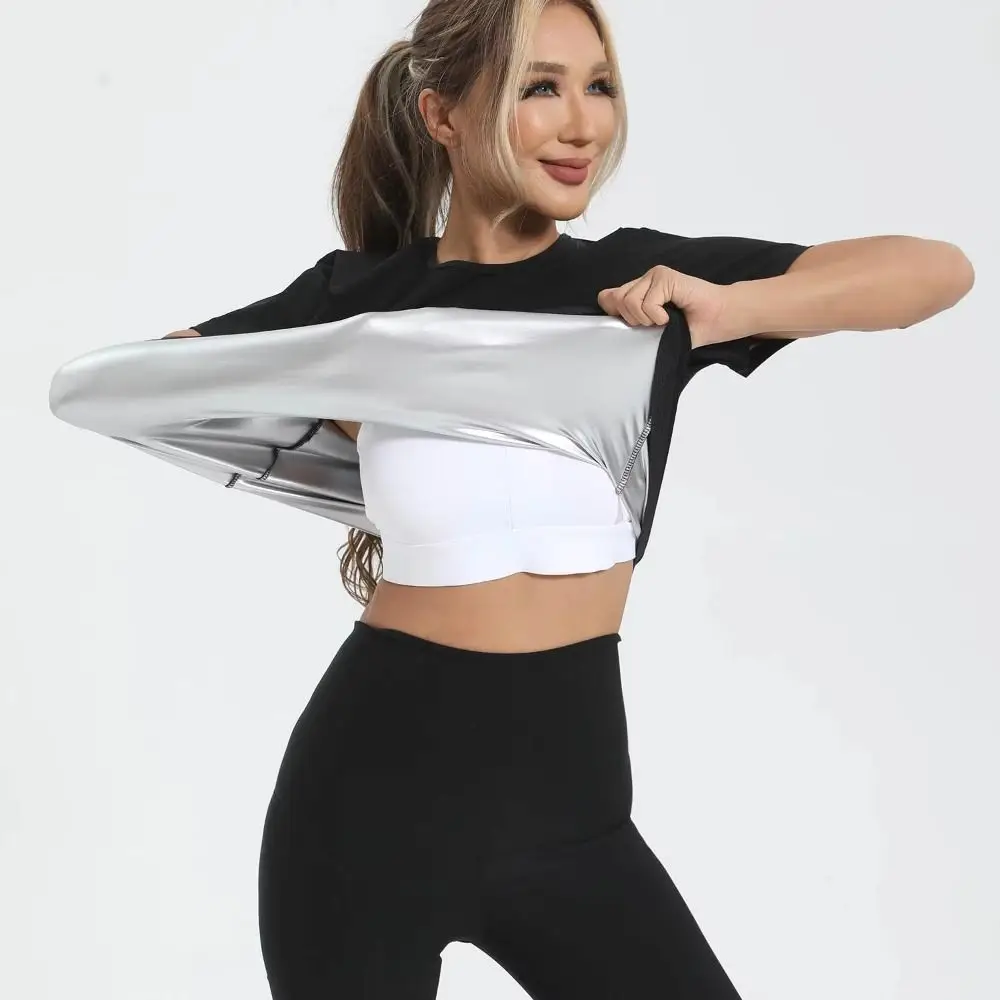 

Sweat-resistant Sweat Short Sleeve Compression Fit Waist Trainer Sauna Sweat Shirt Elastic Versatile Women's Sweat Shirt
