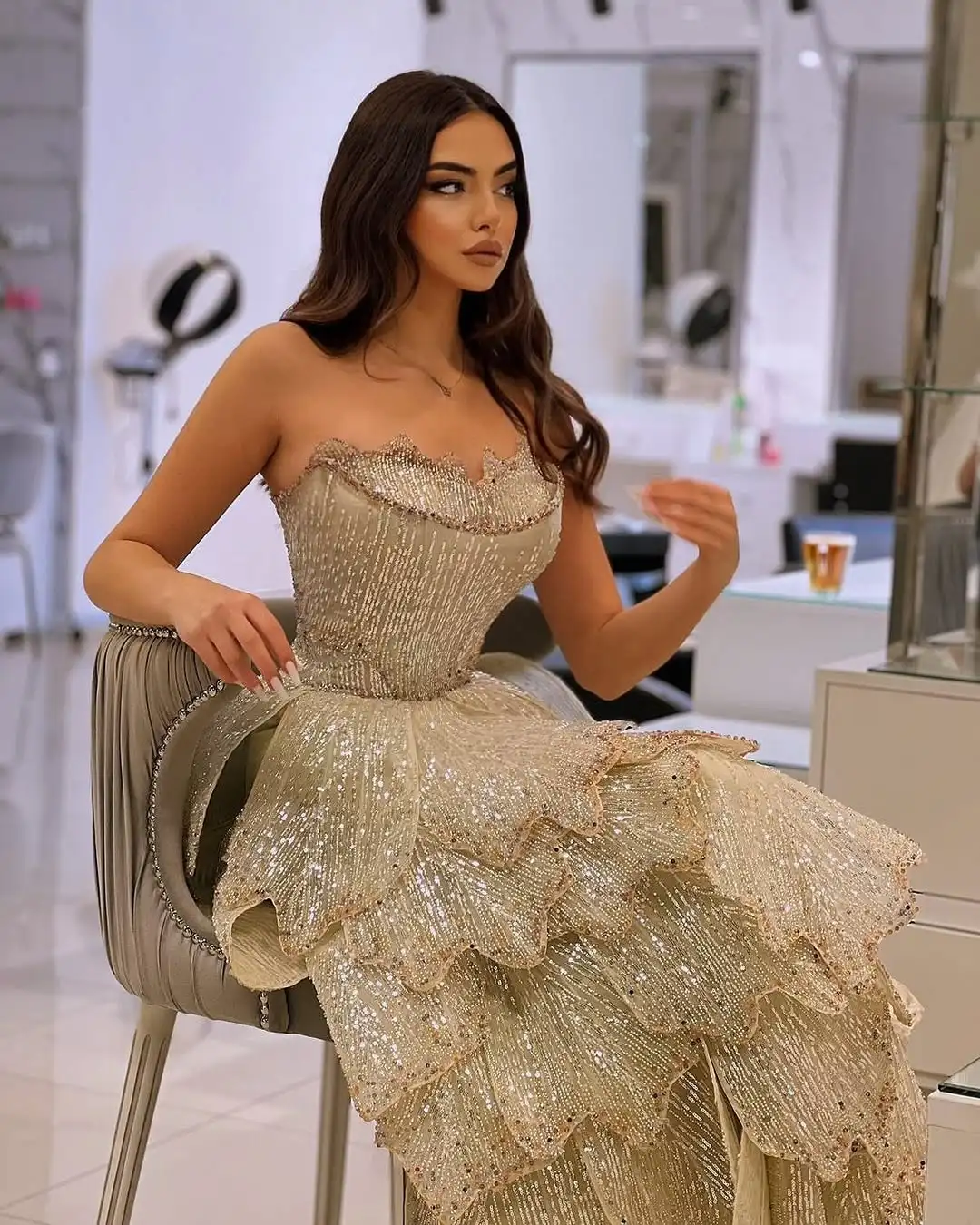 

Ofherown Роскошные 3D цветочные блестки для выпускного вечера платья многоуровневые оборки трапециевидной формы без бретелек вечернее платье Vestidos de fiesta для свадебной вечеринки