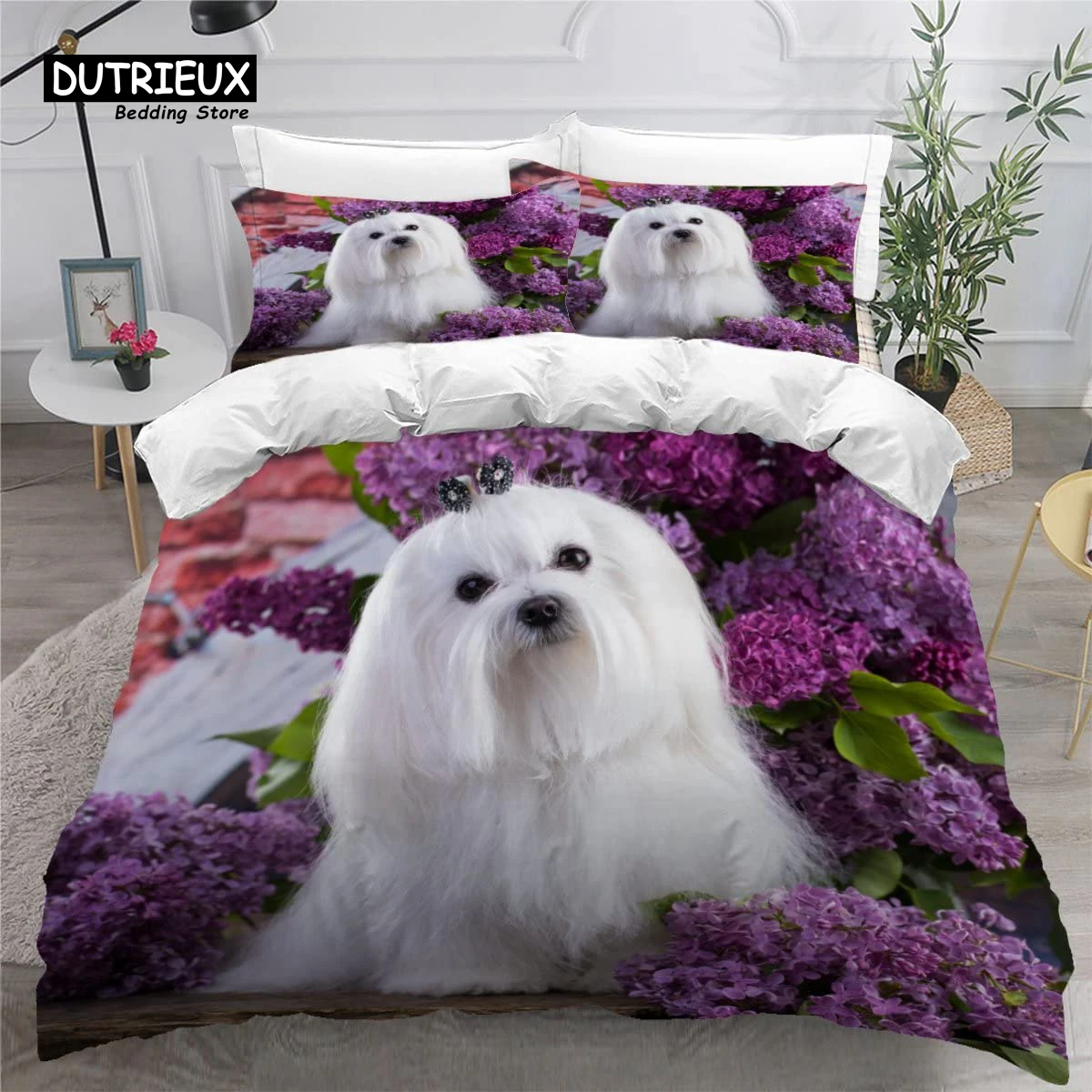 Cute Maltese Dog Duvet Cover Set Pet Dogs Theme Bedding Set Microfiber Kawaii Animal Comforter Cover Twin King For Kids Teens