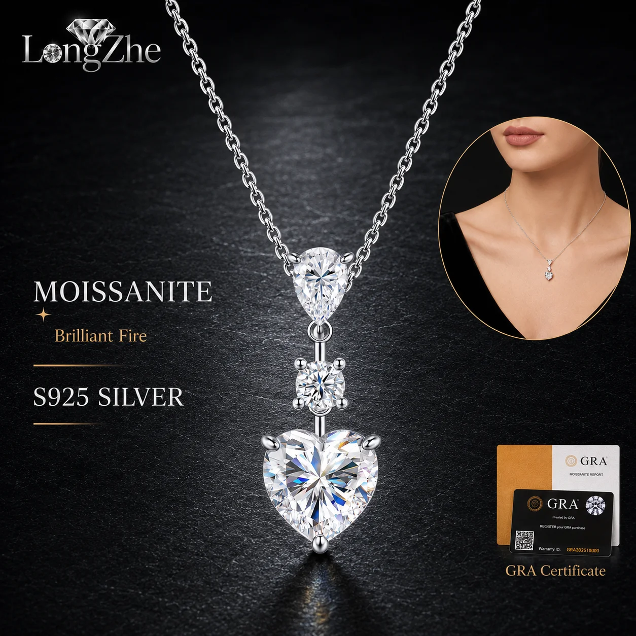 S925 Sterling Silver Moissanite Necklace 8x8mm Heart Pendant Vertical Drop Design for Women Daily Wear Anniversary Fine Jewelry