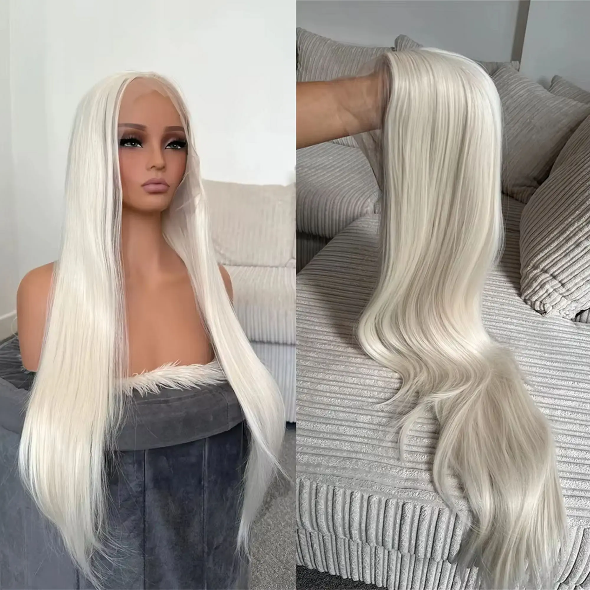 24”Trendy White Easy To Wear Synthetic Lace Frontal Wigs 24Inches Long Length Natural Straight Brunette Fibre On Clearance Sale