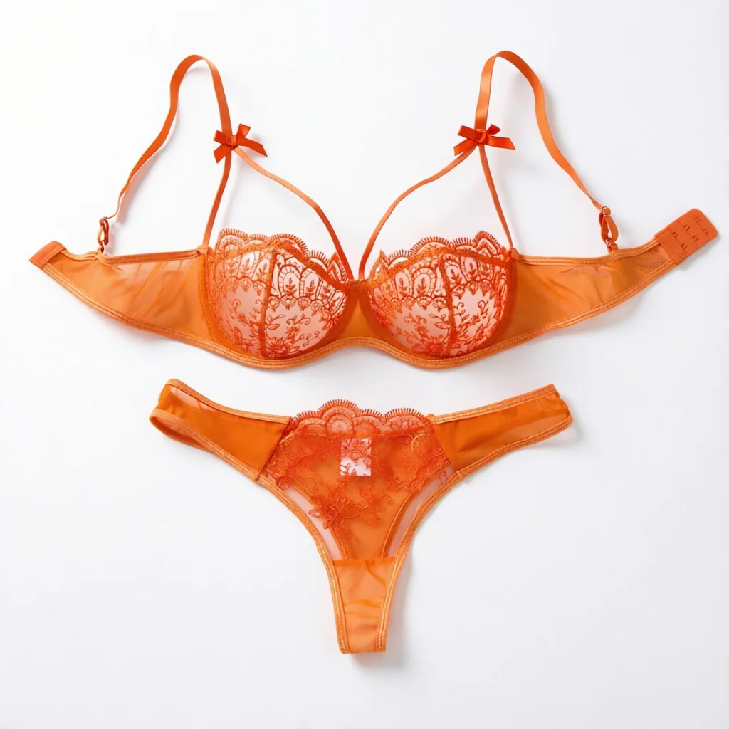 Image of Sexy orangefarbenes Spitzen-Dessous-Set für Damen, Push-up-BH und Höschen-Set, Unterwäsche mit Schmetterlingsschleife, weibliche Dessous, Nachtwäsche ZA824057