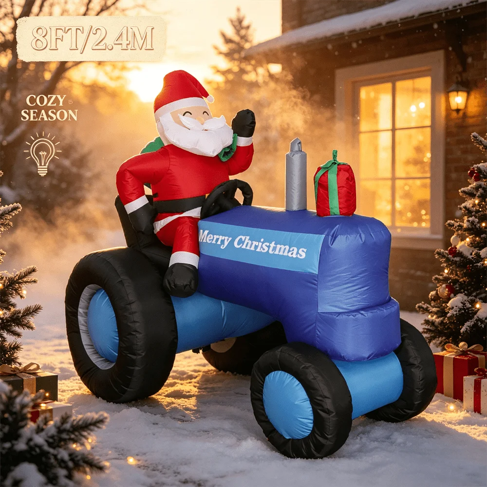 Holiday Decor 8FT Santa Tractor Inflatable Toy Merry Christmas Build-in LED light Blow Up Snow Garden Party Decoration
