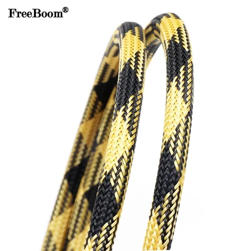 Manga trenzada de PET negra y amarilla de 1 ~ 50m, funda de envoltura de Cable de piel de serpiente de alta densidad de 2/4/6/8/10/12/16mm para Cables eléctricos