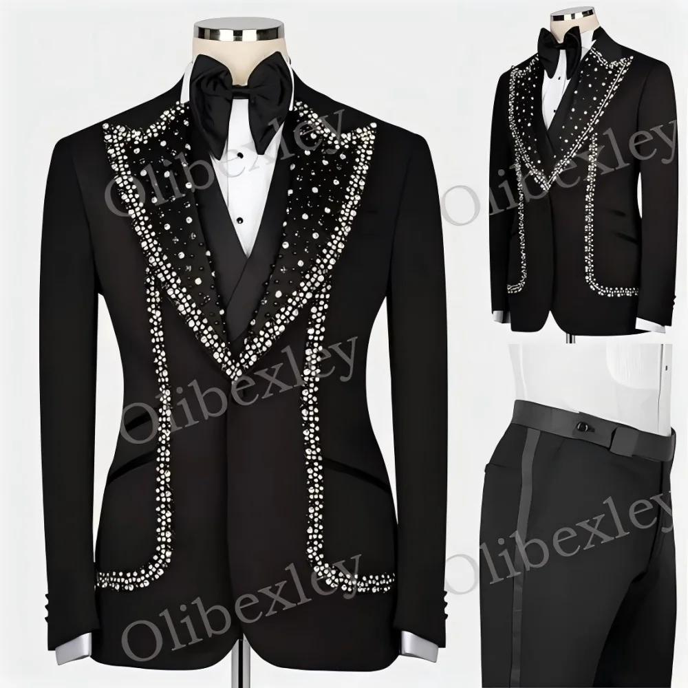 

Olibexley Men's Slim Fit Tuxedo 2 Pieces Set Customized Beaded Crystals One Button Elegante Suits for Wedding Groom