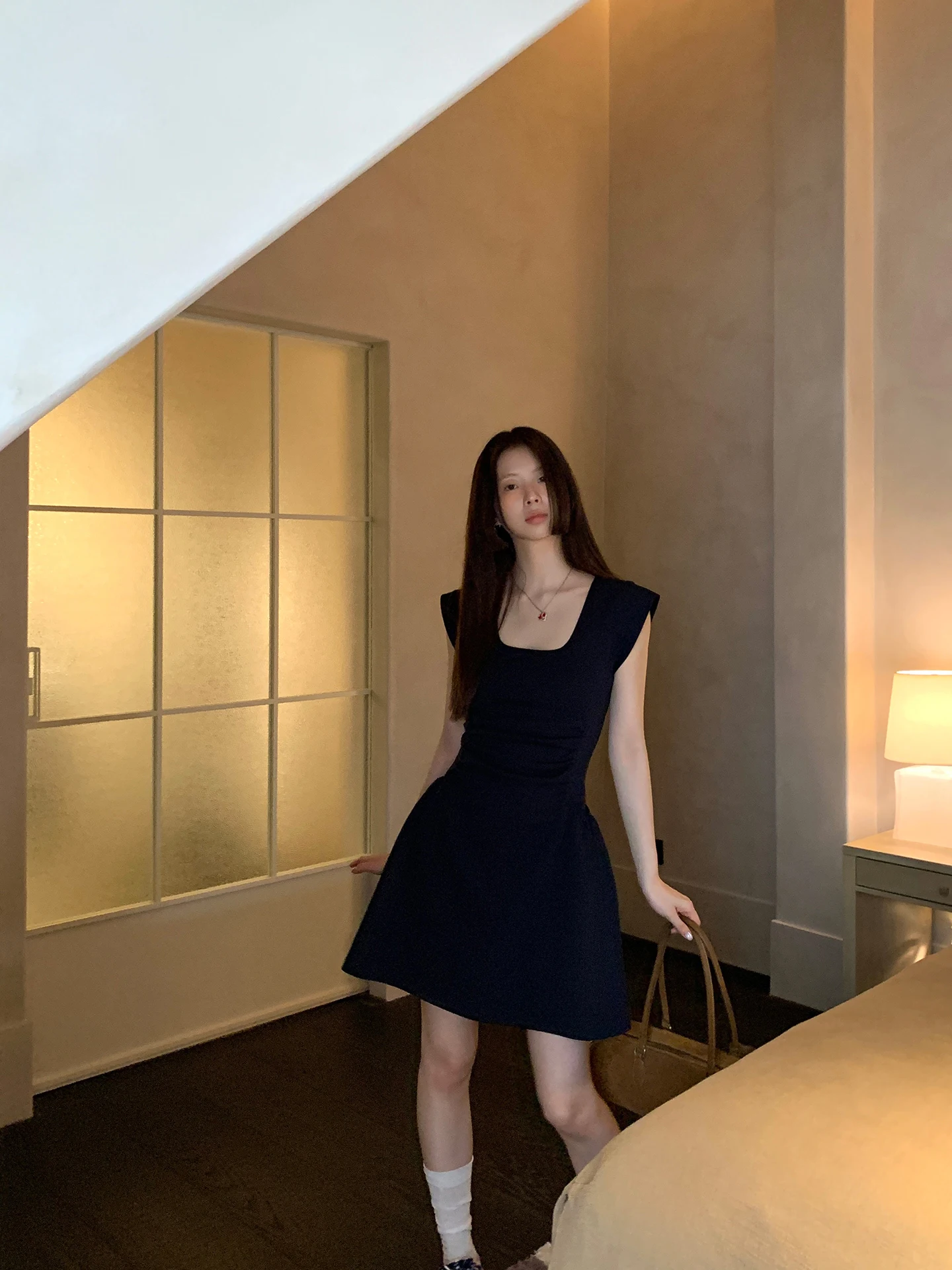 G Sle Summer 2025 New Waist-Cinching Dr Ele A-Line Cotton Blend ort Sve U-Ne Daily Wear for Younger Looking