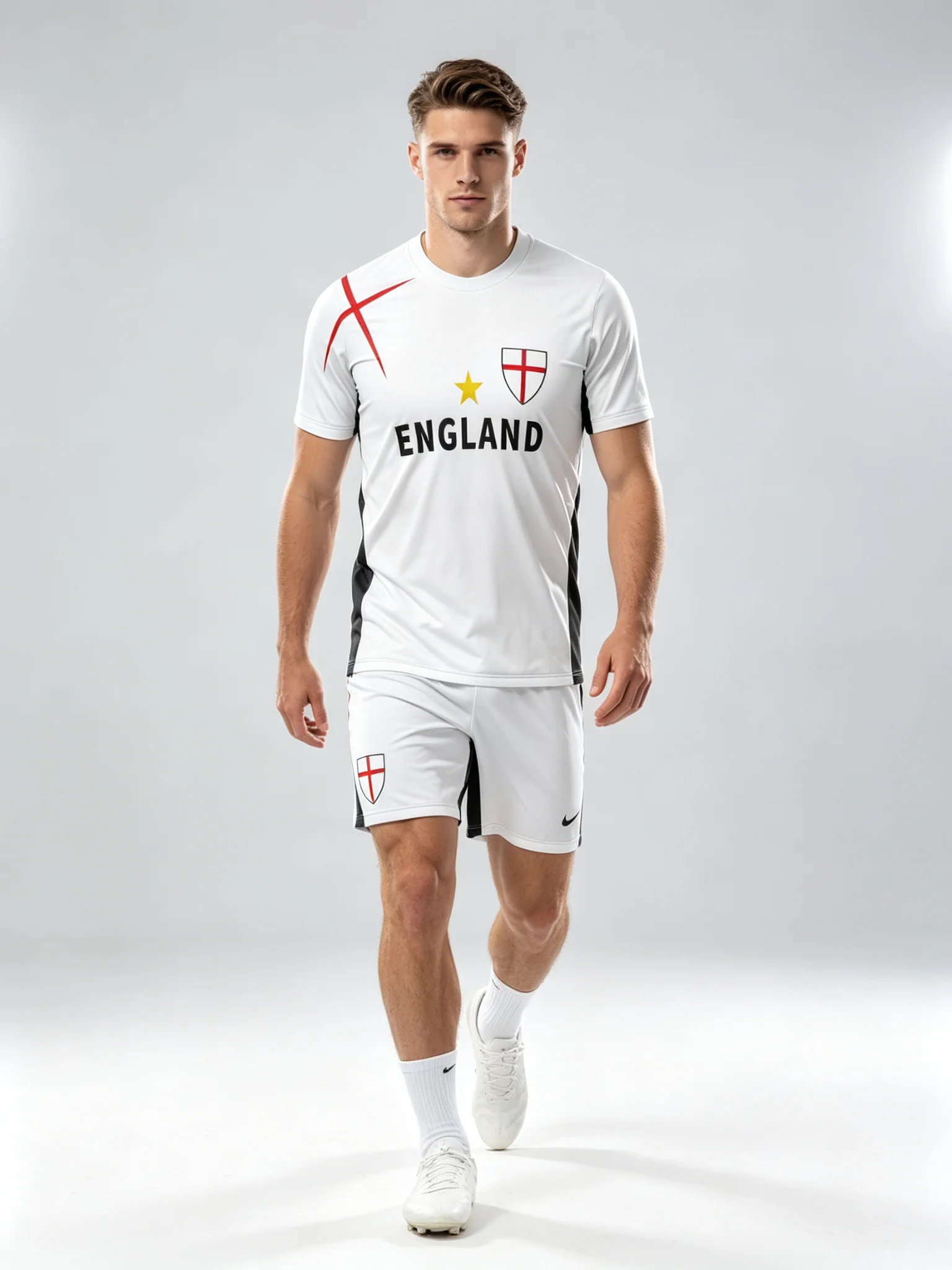 England themed football jersey, bold ENGLAND letter, shoulder red cross, sweat‑wicking fabric, flexible comfy fit