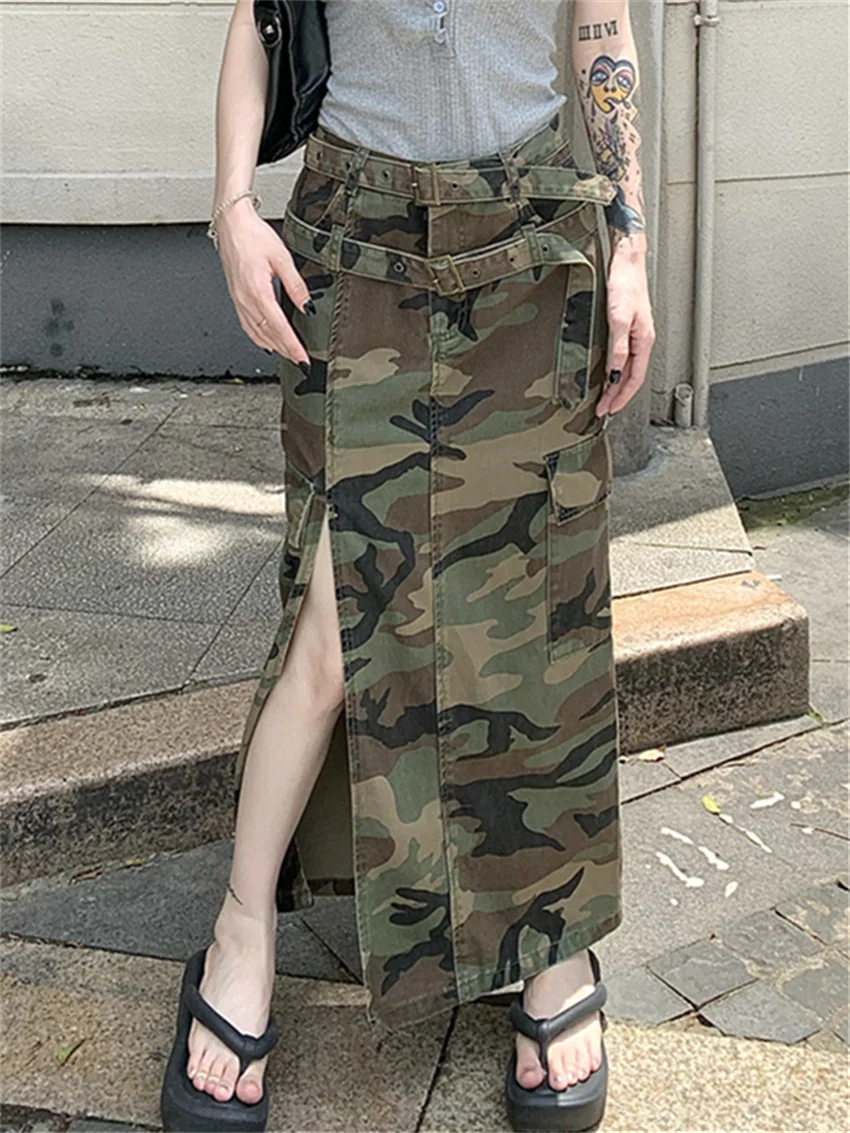 

Alien Kitty Army Green Split Skirts Women Slim-Fit Bodycon Autumn High Waist 2023 OL Chic Sexy Office Lady Vintage Printed