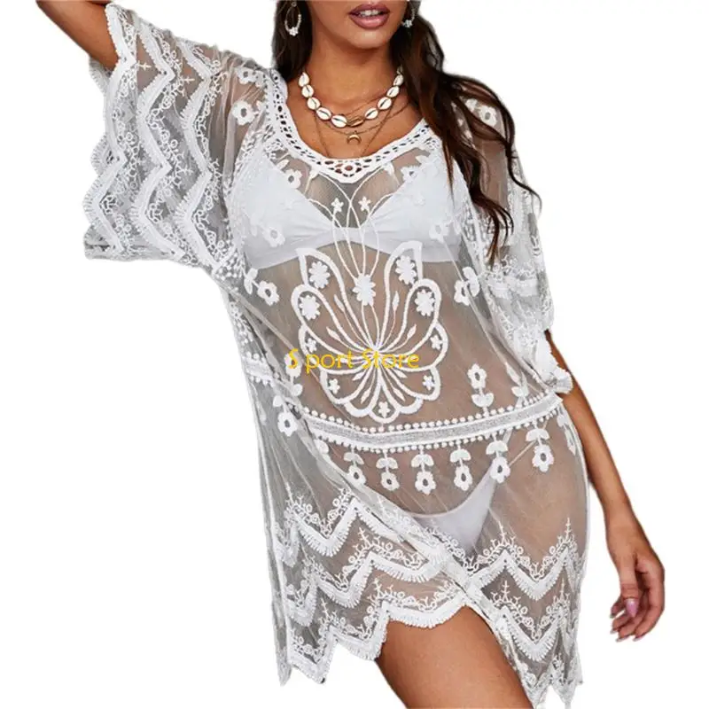 

U2JB Ladies Lace Sheer Beach Coverup Elegant Lace Swimsuit Coverup for Women See Through Sheer Lace Bathing Suit Coverup