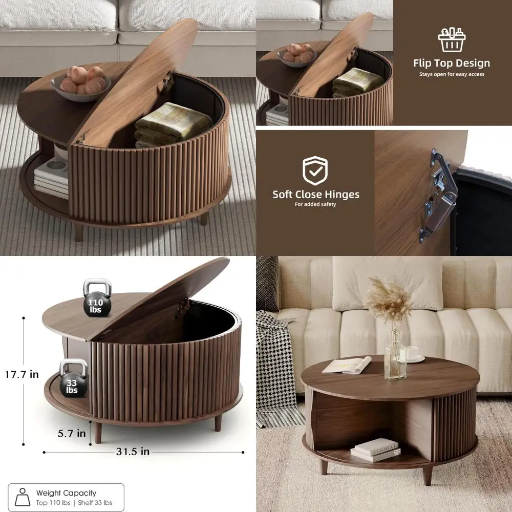 

Журнальный столик для хранения с рифленым дизайном и раздвижной дверью для компактных гостиных, диаметр 31,5