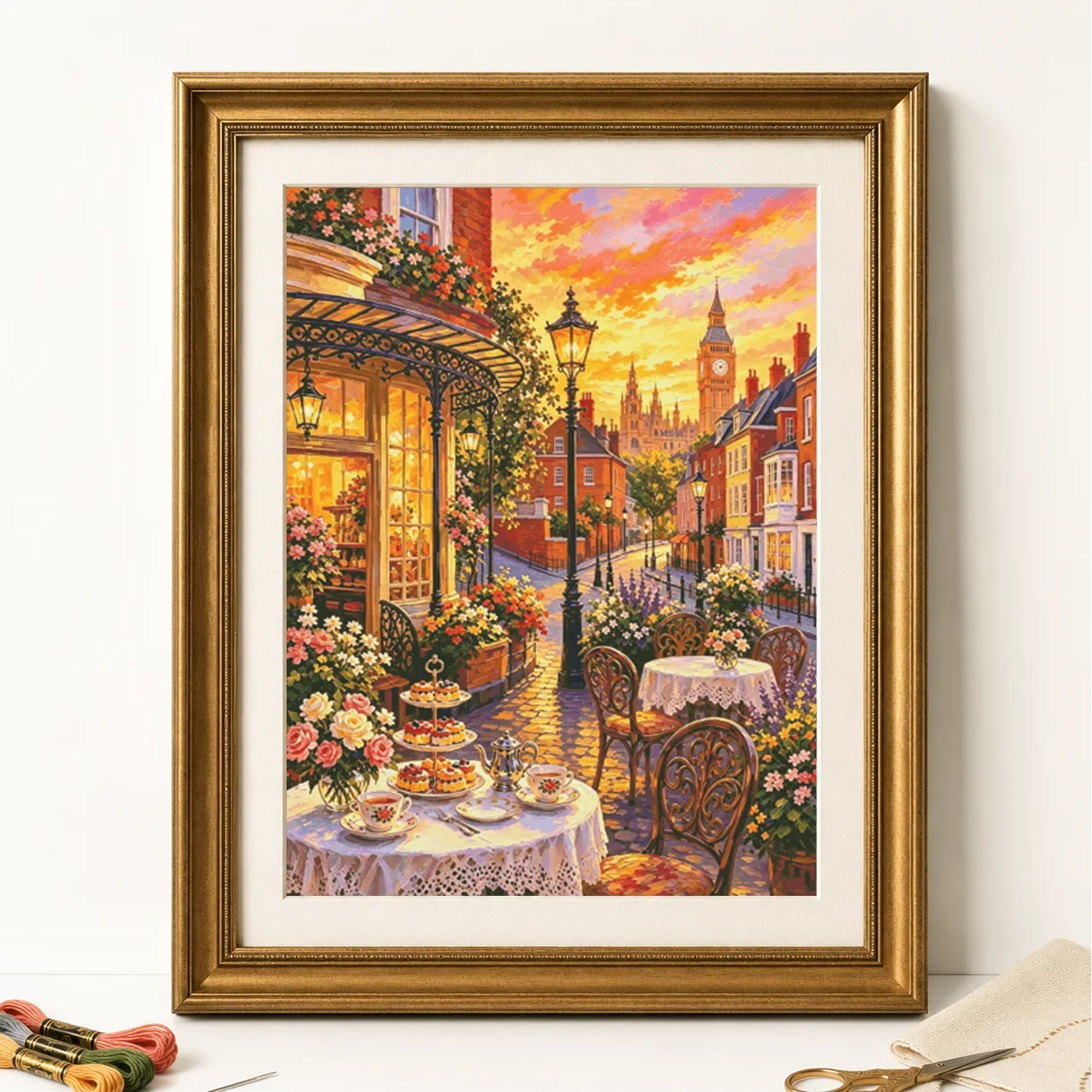 [ZZ8884-London Twilight Afternoon Tea]11CT 14CT 16CT DIY Stamped Cross Stitch Kit with Printed Canvas and Cotton Threads Embroid