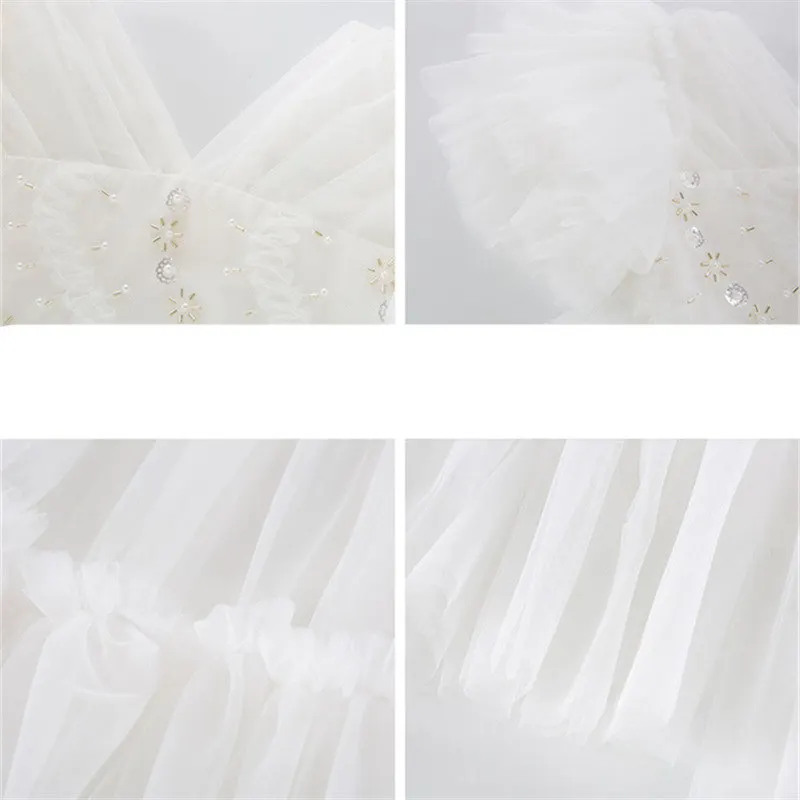 2024 Summer Hot Girls Champagne White Wedding Party Dresses Fashion Mesh Ruffle Sleeve Costume Baby 4 5 7 9 11 prinsessen jurken