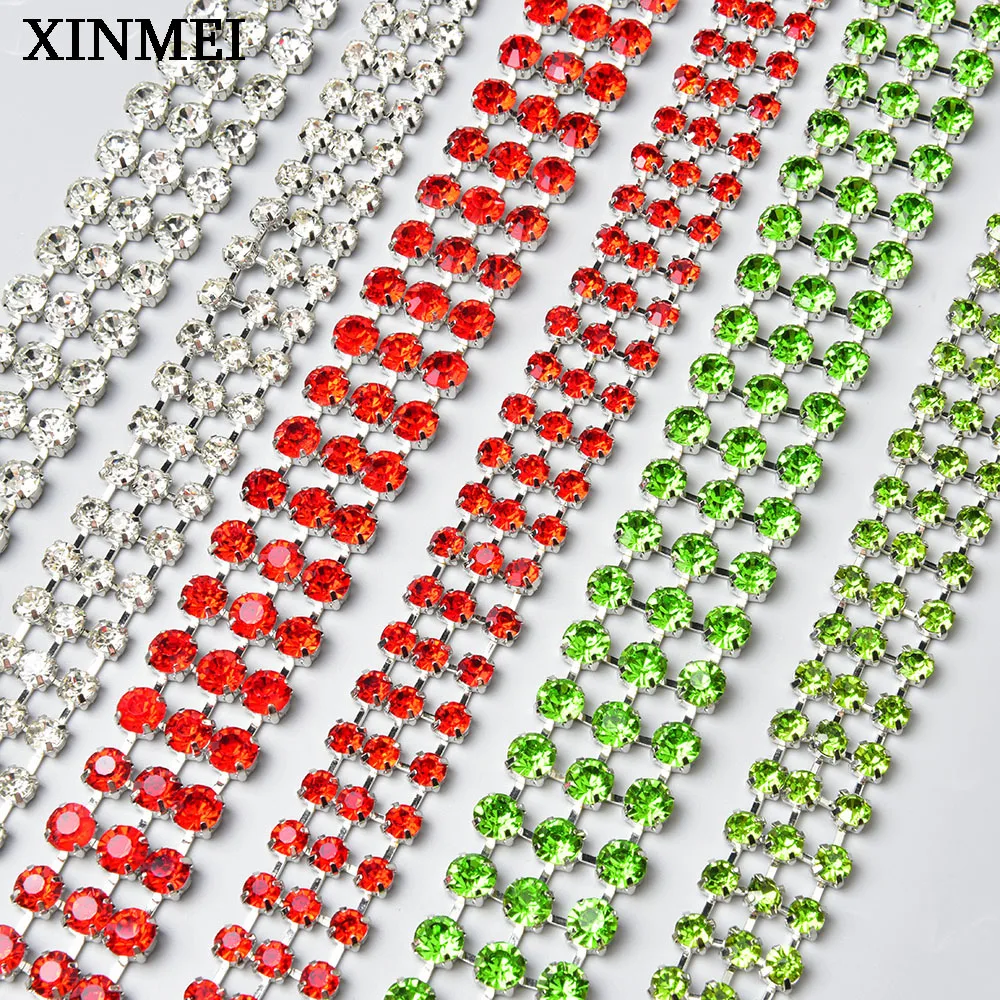 New 3 Rows Round Glass Rhinestone Handmade Chain Crystal Trim Ribbon for Clothing Belt Shoes Decoration Diy Jewelry Accessories