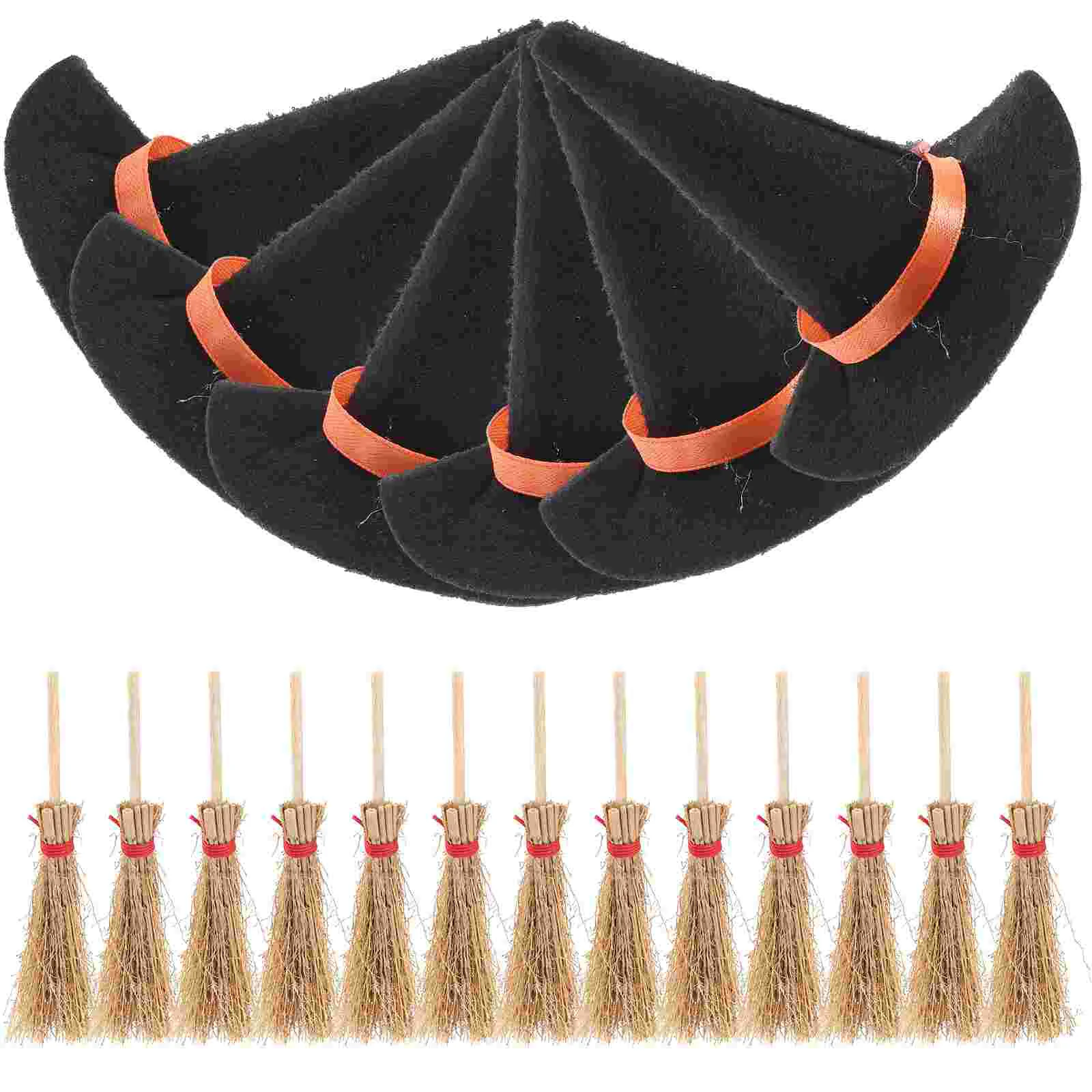 12 Uds. Sombrero de disfraz de Halloween, Mini sombreros de bruja y escoba, conjunto pequeño en miniatura para decoración de pasteles, manualidades pequeñas para niños