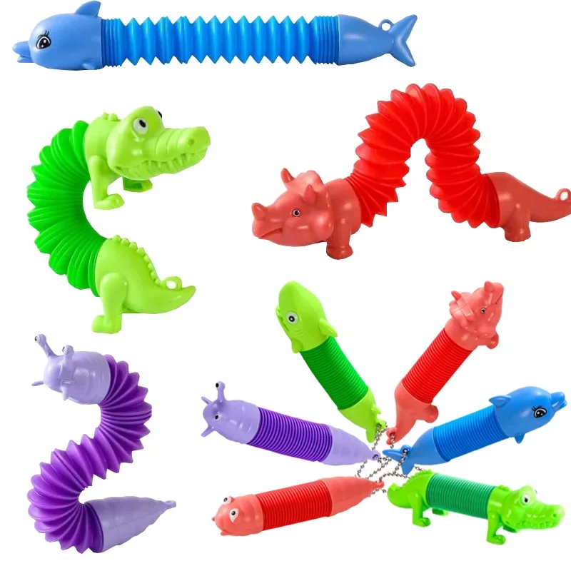 Kids Stretch Pop Tubes Fidget Spring Toys DIY Shark Pipes Flexible Mini Animal Key Chain Rainbow Sensory Tubes Toy