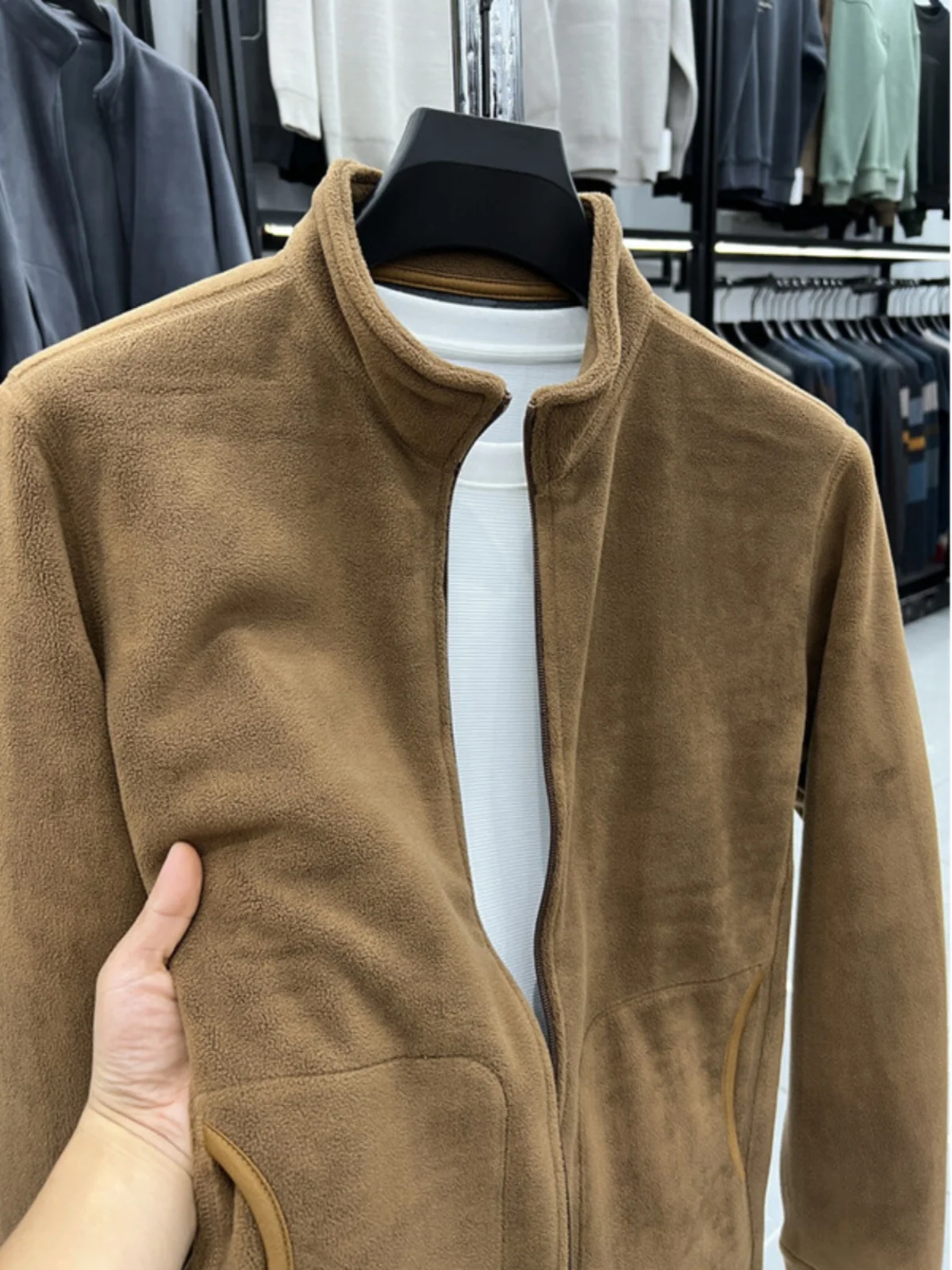 

Thiened Autumn Winter Men's Zipper Hooded Fce Jaet Stand Collar Warmest Pure Color Cardigan Outerwear Faion Urban Sle