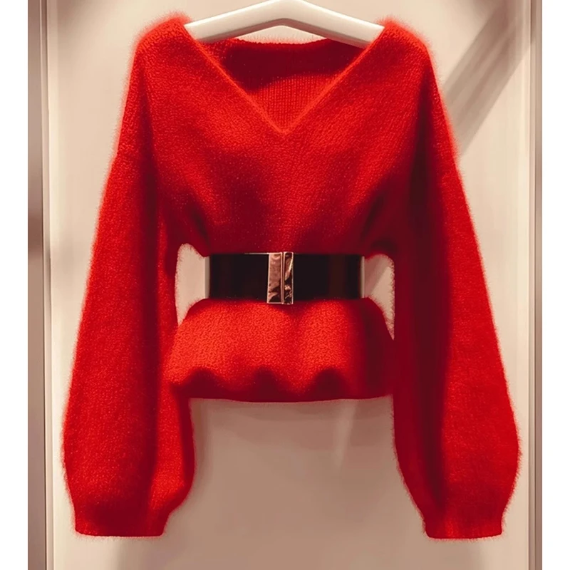 Pullover Knitt Sweater Women Long-sleeved V-neck Lady Red Chic Outwear 2025 Elegant Autumn Winter Fashion Slim Soft Waxy Top Y2K