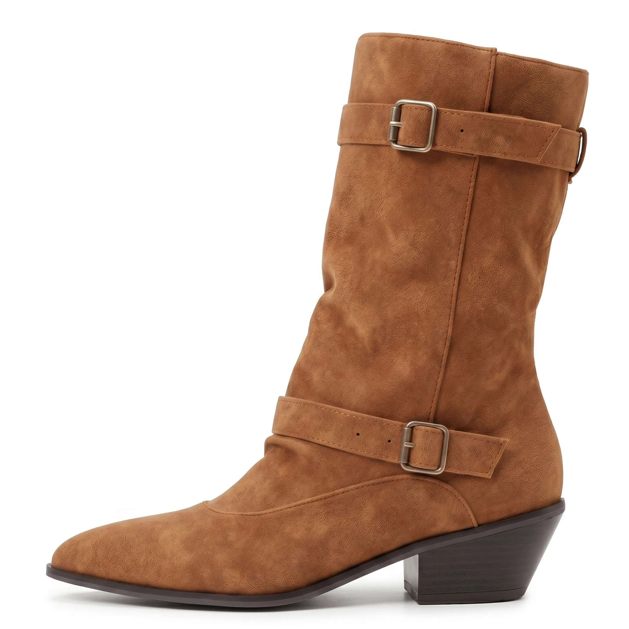 Fashionable Korean Style Women's Mid-Calf Pointed Toe Booties Western Cowboy Boots Chunky Heel Autumn New Arrival
