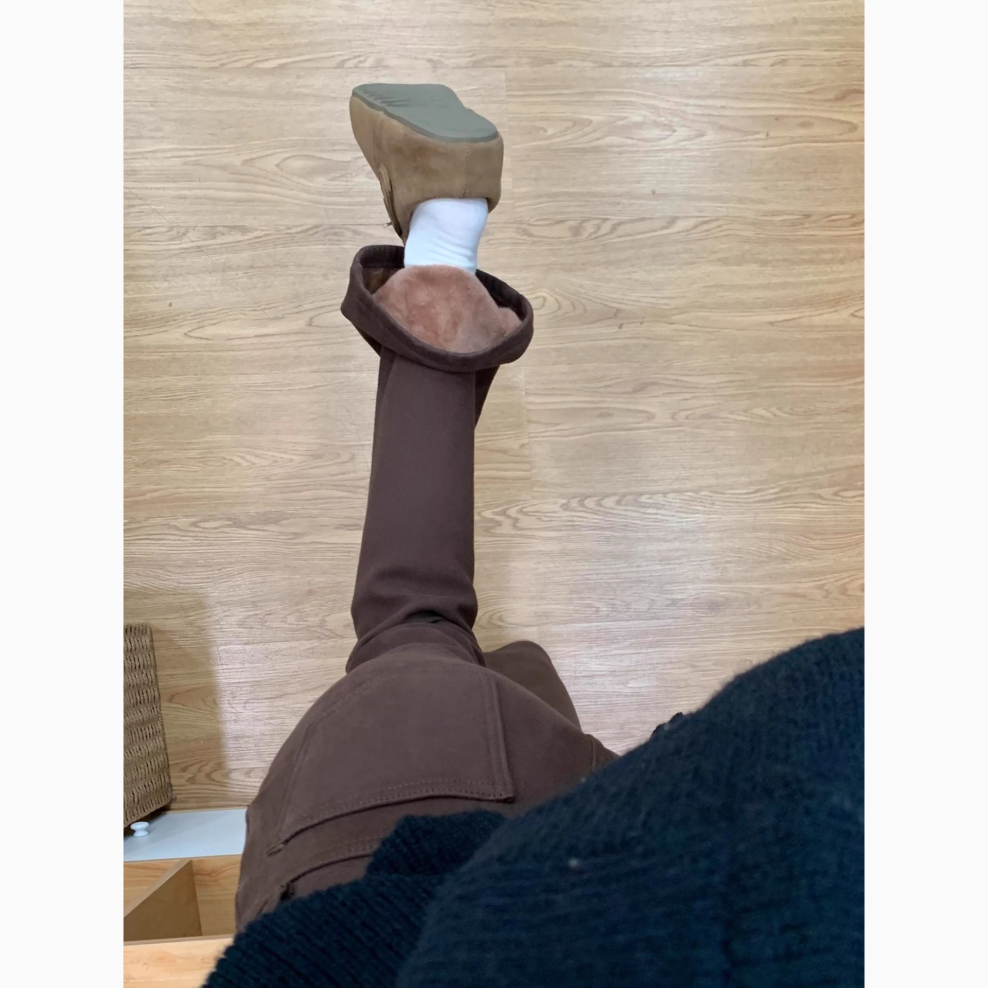 Thiened Fce doublé Vintage marron taille haute cloche Bot jean femmes coupe ajustée Dra longueur de plancher sabot jean hiver