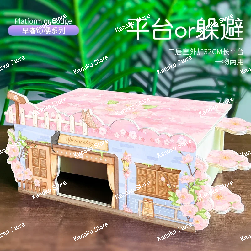 Seri Bunga Sakura Rumah Hamster Kayu Kandang Hewan Kecil Perlengkapan Lansekap Aksesori Tikus Tempat Persembunyian Hamster