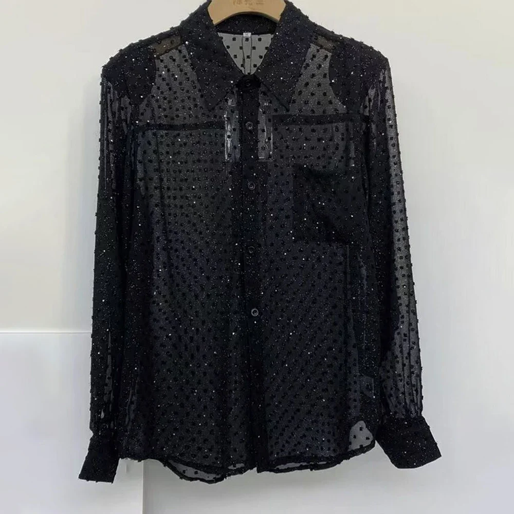 2024 Spring And Autumn New Mens Sexy Mesh See-Through Long-Sleeved Shirts Genderless Fashion Youth Nightclub Shiny Tops Unisex