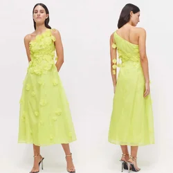 Customized Jersey Flower Draped Pleat Party A-line One-shoulder Bespoke Occasion Gown Midi Dresses