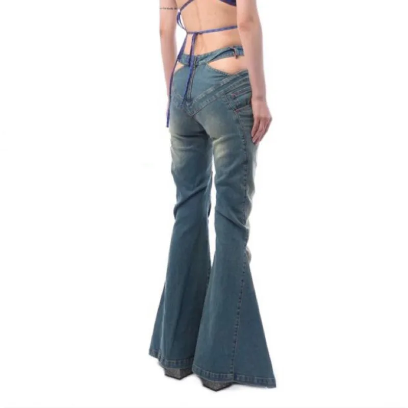 ANJY Herfst Nieuwe Vrouwen Chic Flared Jeans Slim Fit Hollow Out Geplooide Hoge Taille Streetwear Trendy Verontruste Denim Broek A10069