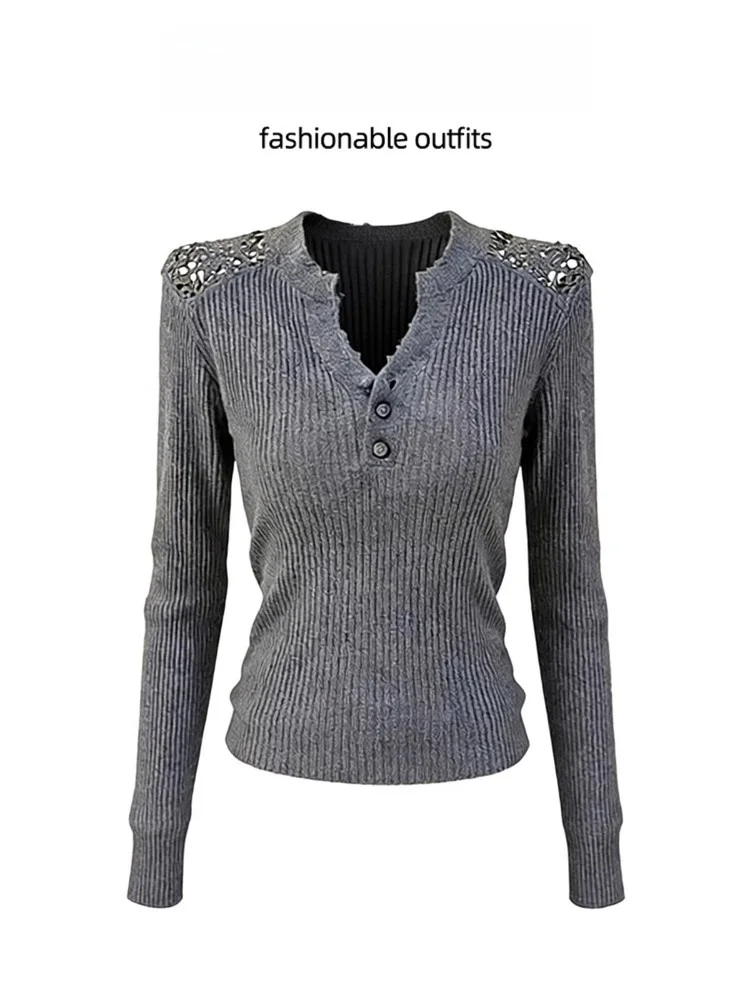 

Женская облегающая вязаная футболка с V-образным вырезом и перфорацией, базовый слой, нижнее белье, свитер с дизайнерскими вырезами