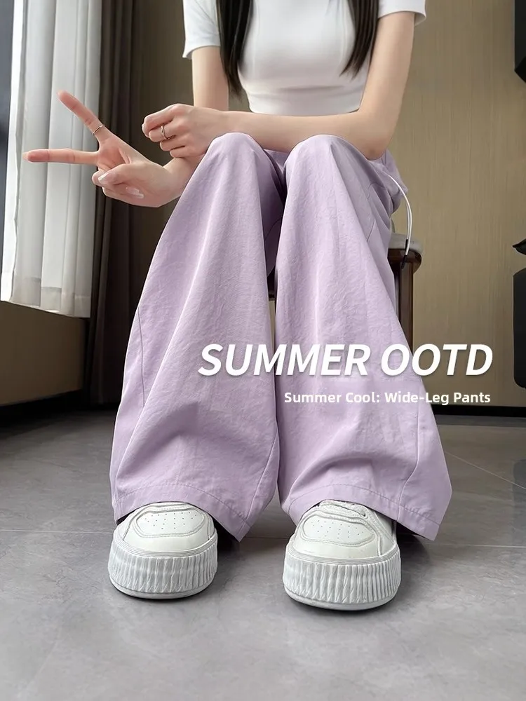 

plus Size Women's Purple Ice Silk Wide Leg Pants Summer Thin Texture Drapey Samurai Casual Quick Dry Knife Pants