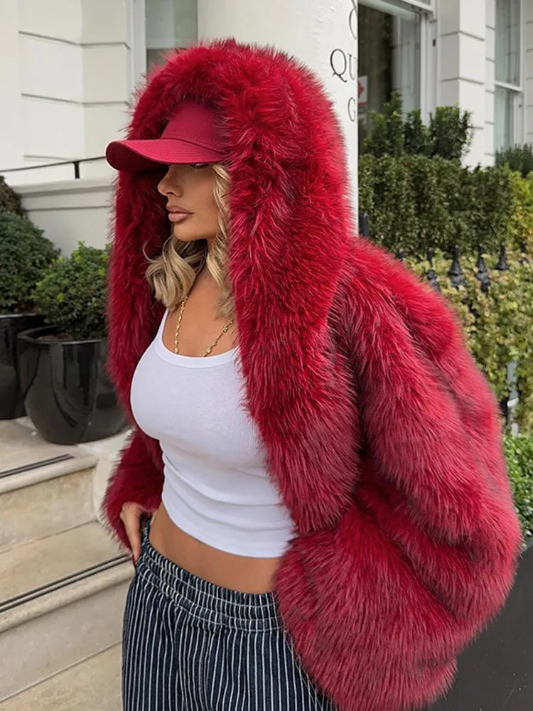 Fashion Red Warm Fluffy Long Sleeves Faux Fur Coat Elegant Hooded Solid Color Loose Short Jacket New Woman Winter Commuter Wear