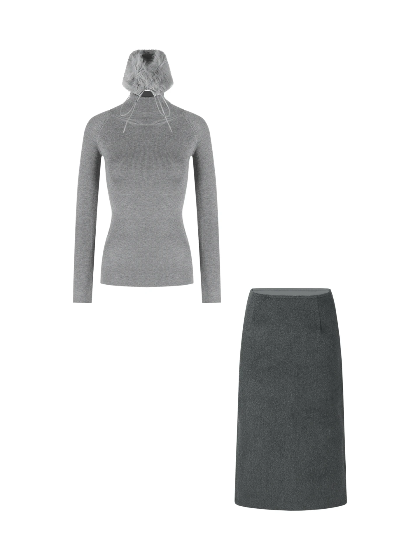 

Gray Slim Fit Knitted Sweater with Fur Collar Long Sleeve Women's Fashion Set with Skirt Three Piece Winter Outfit