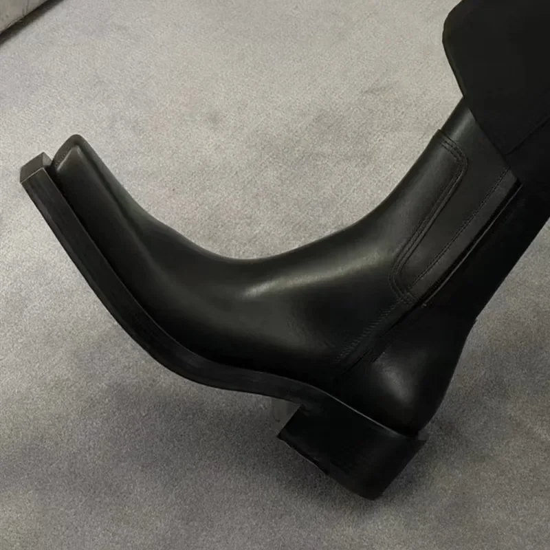 Mid Tube Square Toe Thick Heeled Knight Boots for Woman Black Thick Soled Men's and Women Chimney Upturned Chelsea Leather Boots
