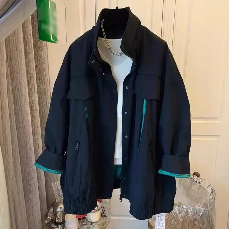 

Oversize Stand Collar Mid-length Jackets 2025 Autumn Winter New Coat Women Vintage Casual Loose Long Sleeve Tops Mujer