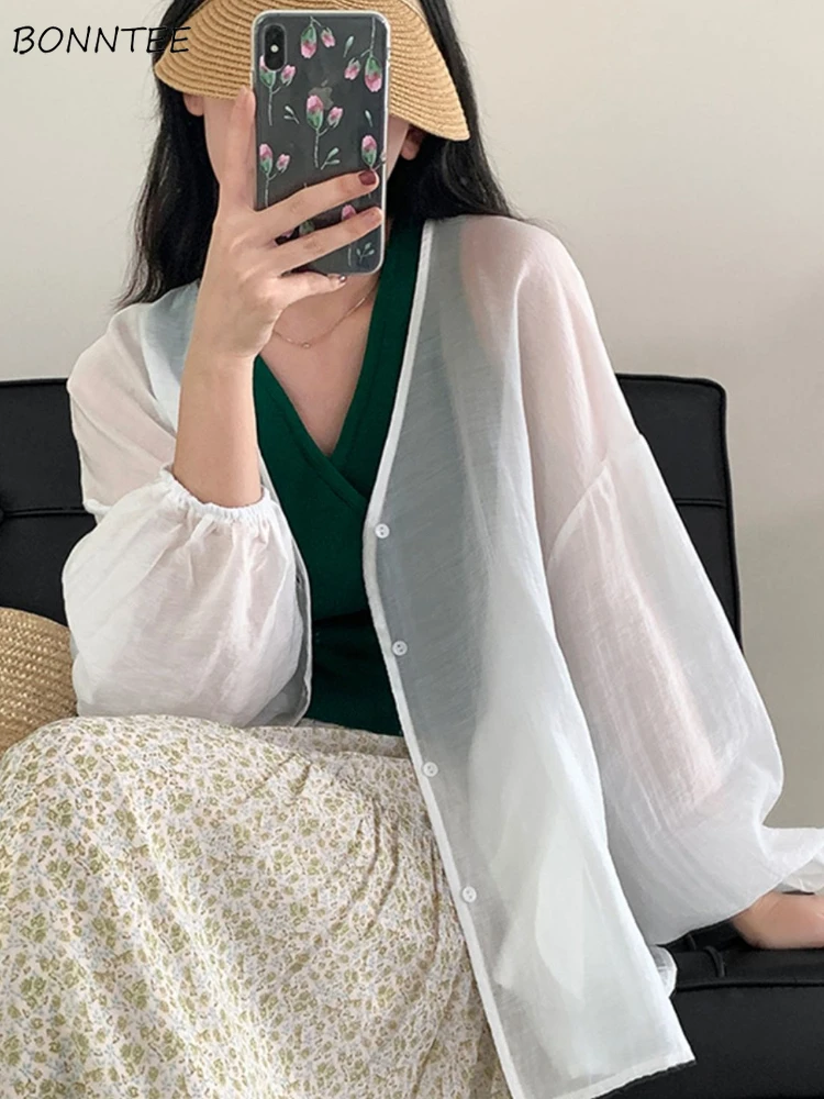 

Lantern Sleeve Shirts Women Thin Sun-proof Casual Beach Style Breathable Versatile Holiday Ulzzang Simple Fashion Gentle Mujer