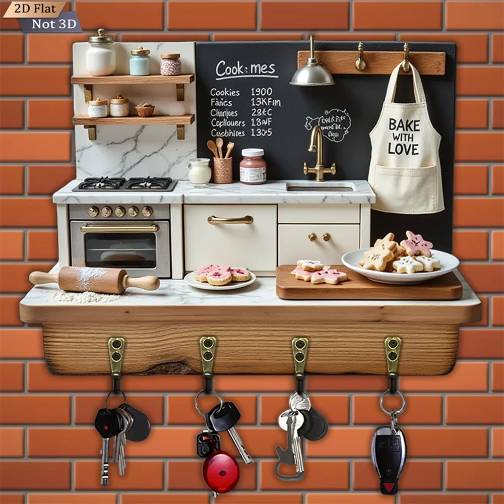 2D Flat Design, 1pc, Kitchen Baking Style Key Hook, Wooden Multi-functional Home Key Hook with 4 Metal Hooks, Wall Decoration,
